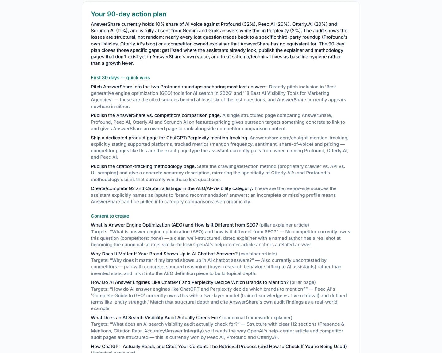 AEOSearch 90-day action plan: content briefs and third-party placement targets derived from lost questions