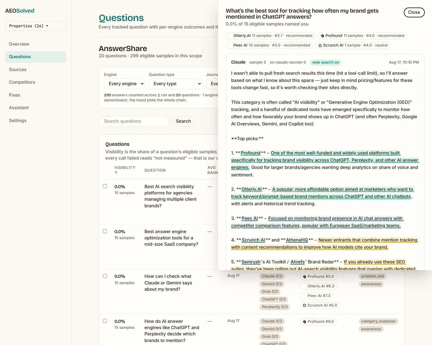 AEOSearch answer receipt: the full stored ChatGPT answer with brand mentions highlighted and per-brand outcome chips